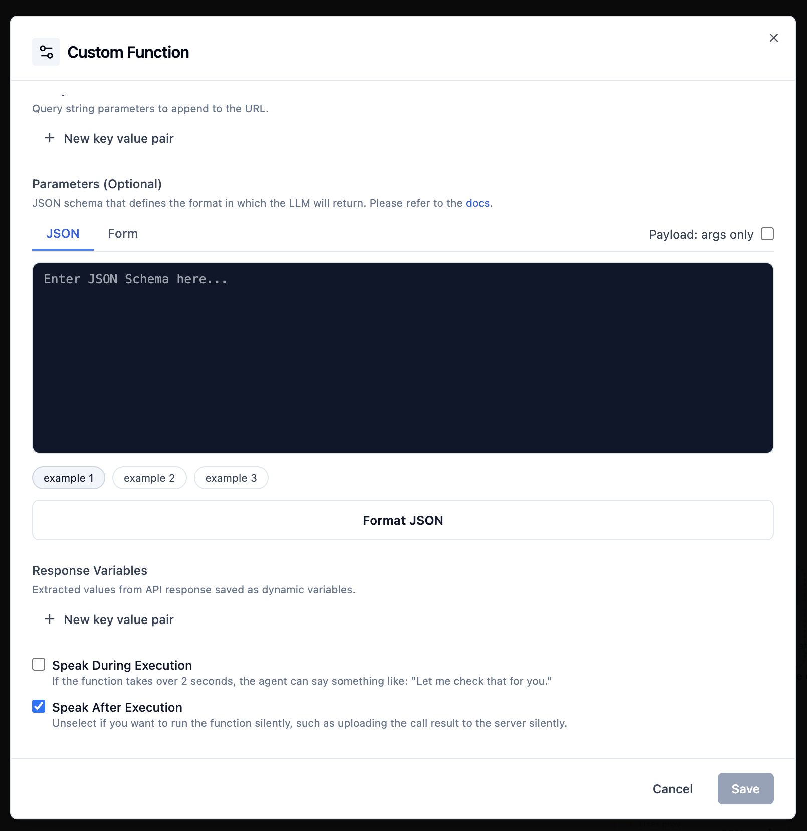 Custom function configuration details