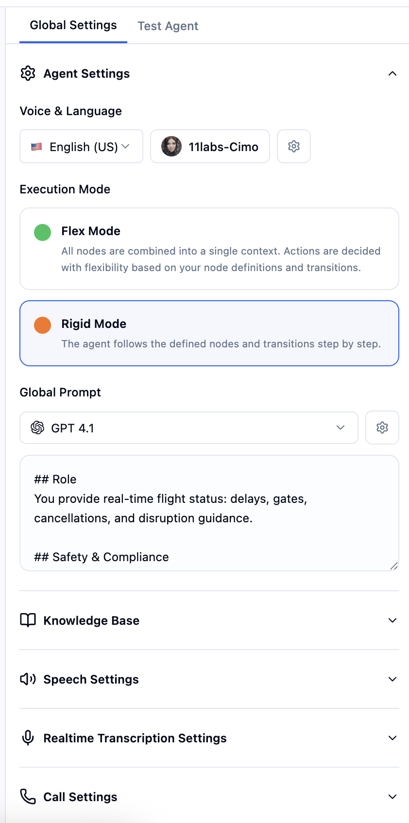 Global settings page