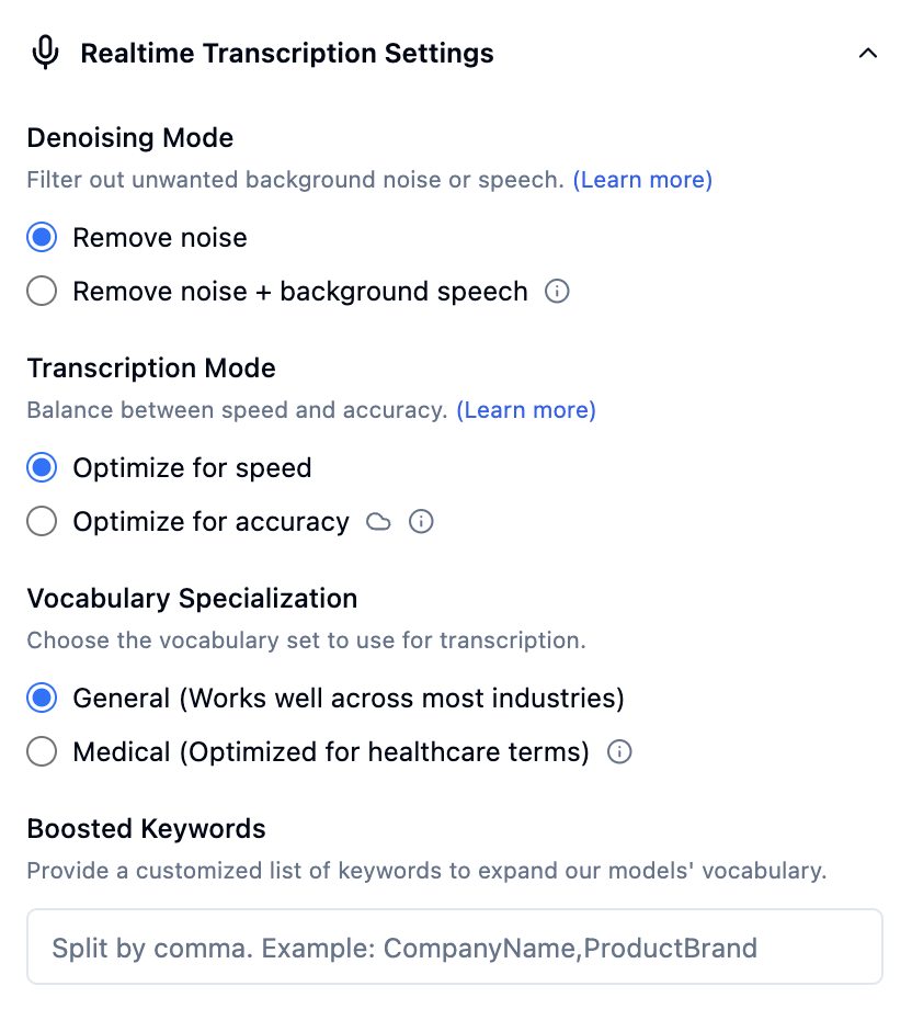 Transcription settings